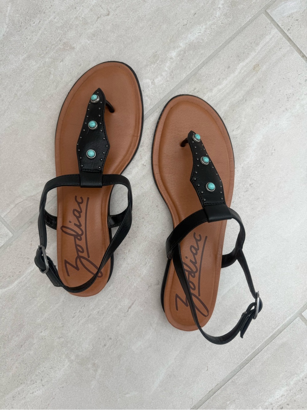 Zodiac, Giselle Black Sandals with Turquoise Studs
